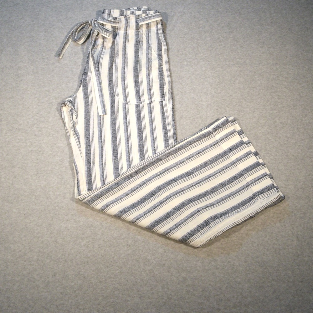 GAP Pants Comfy Linen Cotton Blend Navy Striped Wide Leg Flat Front Sz 6